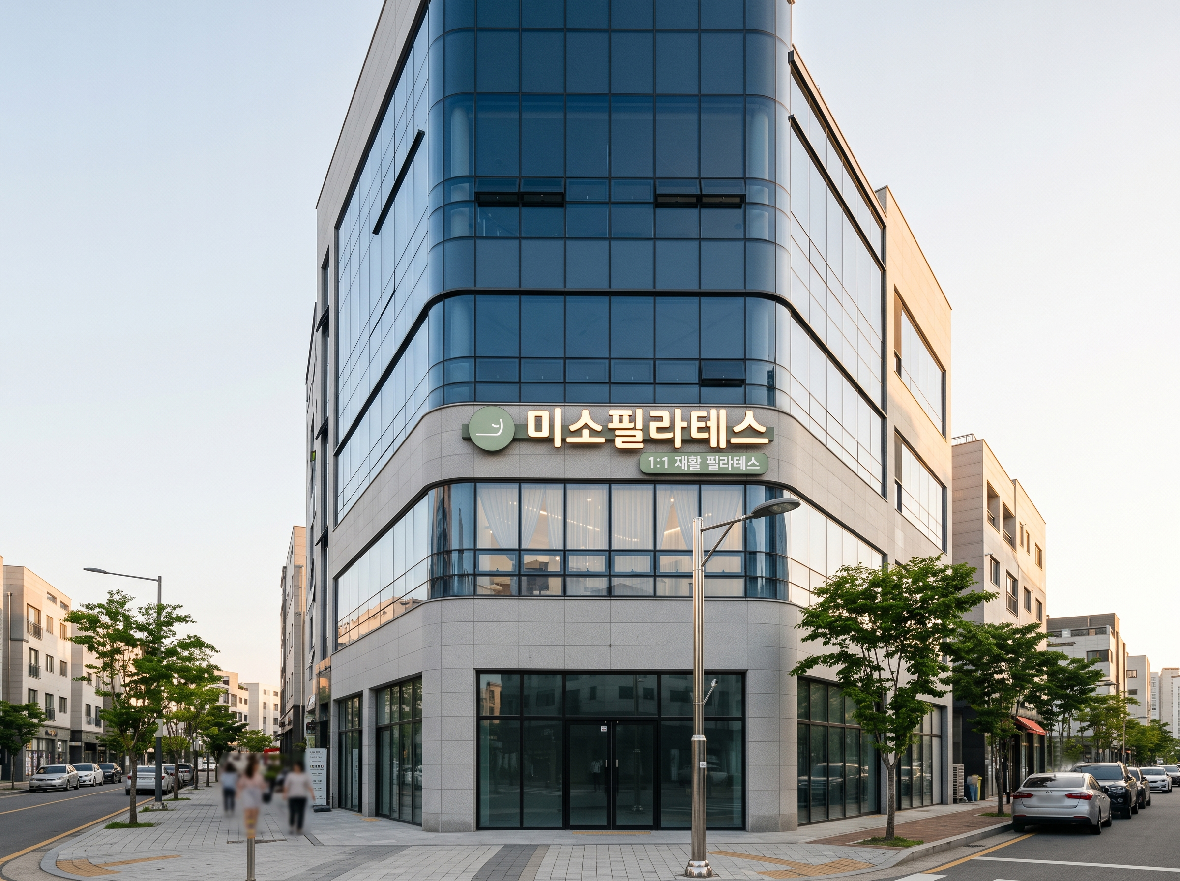 미소필라테스 간판이 걸린 유리 외벽의 코너 건물 외관